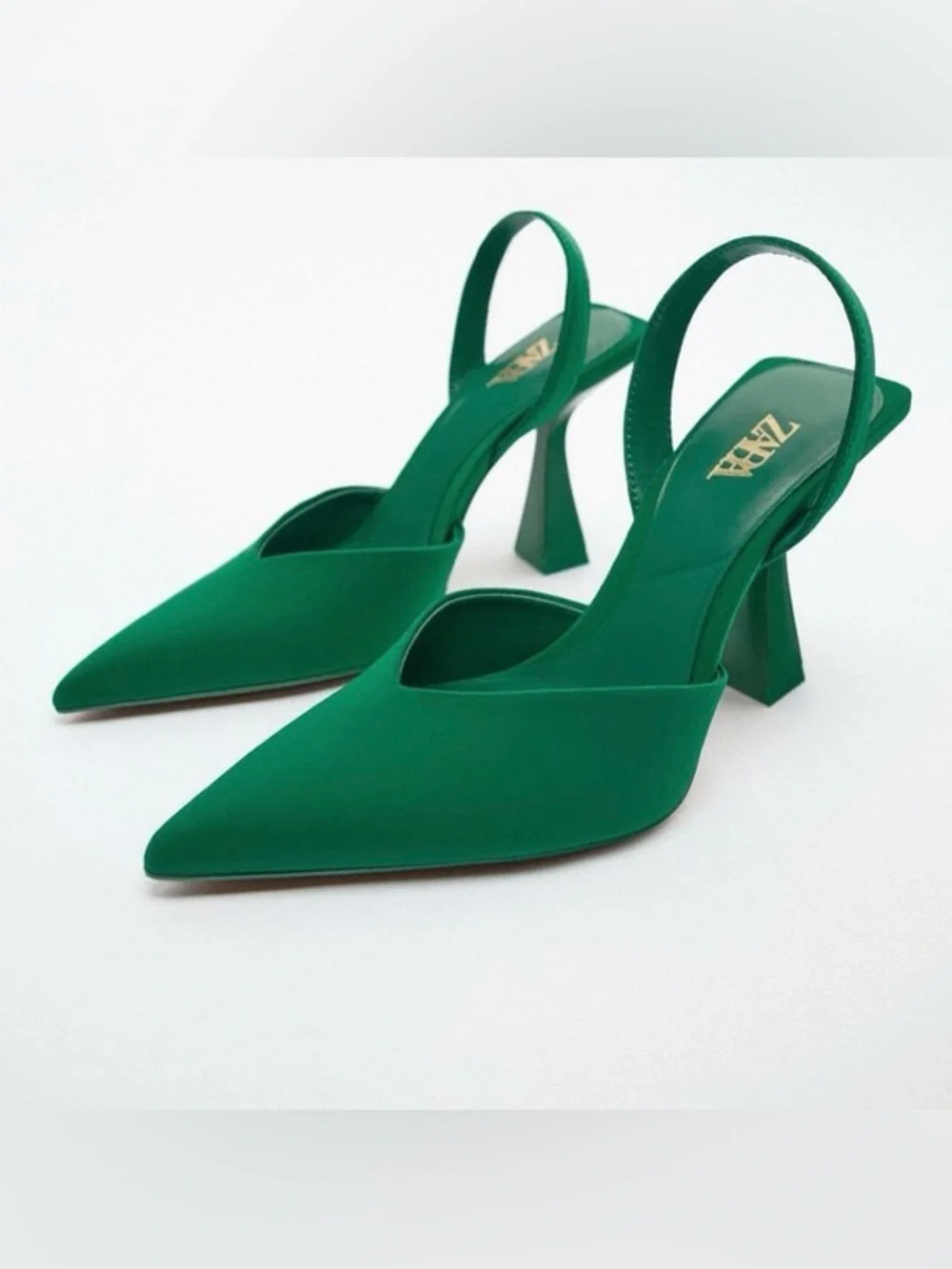 Zara Emerald Green Satin Slingback Pointed Toe Heels Size 38 EU / US 7.5
